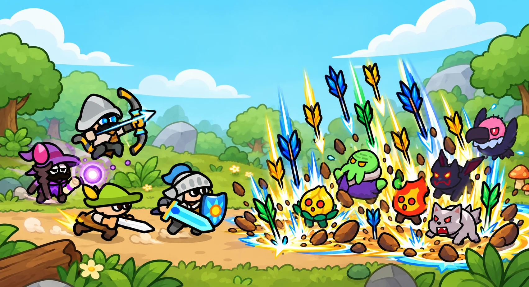 A rain of arrows striking a group of forest enemies