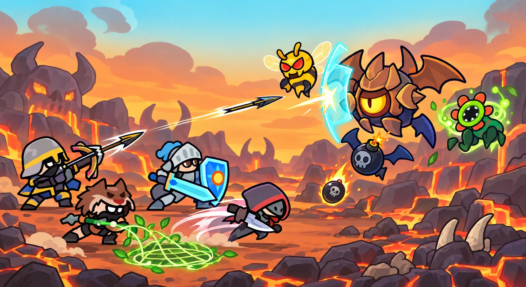 Heroes battling flying enemies in a volcanic drake valley