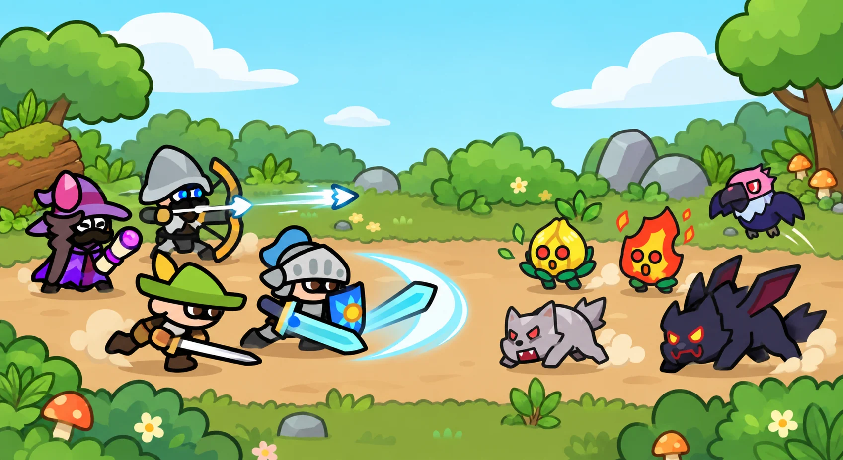 Four heroes confronting forest enemies on a bright battlefield