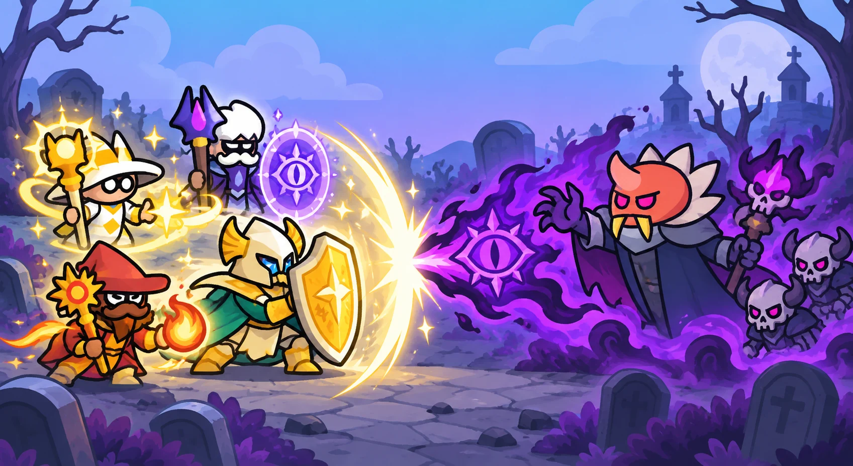 Heroes using shields and magic against undead enemies